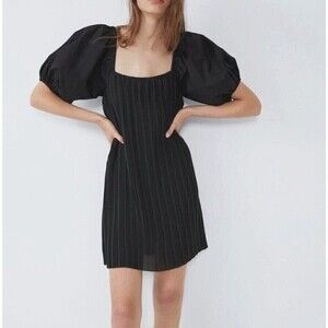 Zara Womens Dress Mini Pleated Knit Short Balloon Sleeves Black Size S Fairycore